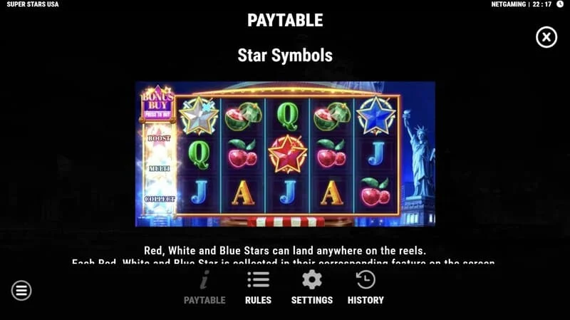 Super Stars USA - simboli a stella in Hold & Win